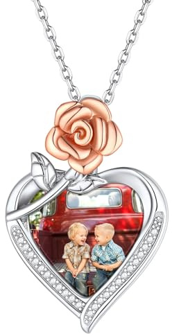 Custom4U Personalisierte Medaillon zum Öffnen für Bild Damen Herz Rose Amulett zum Öffnen 925 Silber/Kupfer Foto Anhänger Halskette in Silber/Gold Geshschenke für Muttertag Geburtstag Weihnachten
