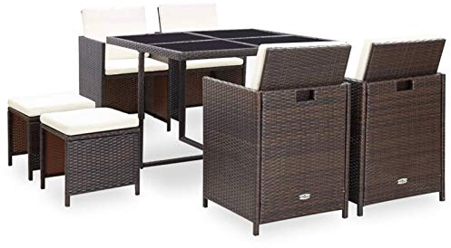 Chaduof 9-TLG. Garten-Essgruppe mit Auflagen Poly Rattan Braun, Esstisch Mit Stühlen Set, Gartenmöbel Sitzgruppe, Balkon Möbel, Gartenlounge Set, Terrassenmöbel, Balkonmöbel Set - 42526