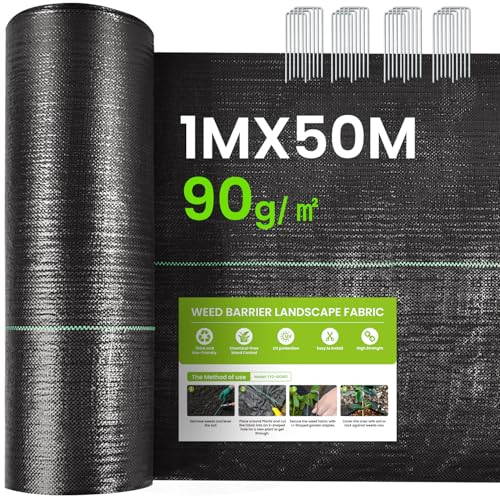 50m² Unkrautvlies, 90g/m² Anti-Unkrautgewebe Wasserdurchlässig und Reissfest, Unkrautvlies Gartenvlies mit hoher UV-Stabilisierung – Bändchengewebe Unkrautfolie für Garten, Hochbeet, Einfahrt usw