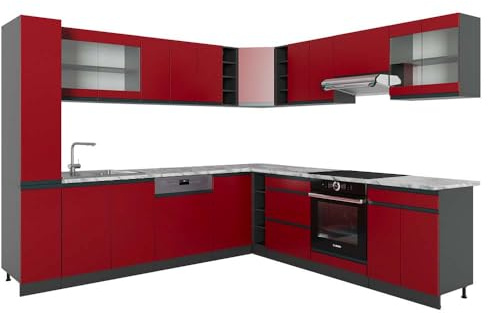 Vicco Eckküche R-Line, Rot/Anthrazit, 277 x 257 cm J-Shape, AP Marmor, zur flexiblen Zusammenstellung und Erweiterung geeignet
