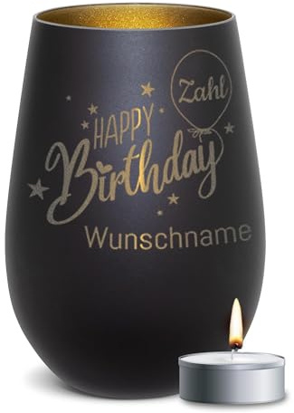 PR Print Royal Windlicht mit Gravur - Happy Birthday - mit Name & Zahl gravieren - Frauen Geburtstagsgeschenk, Personalisierte Geschenke für Familie & Freunde | inkl. Teelicht, 450 ml, Schwarz/Gold