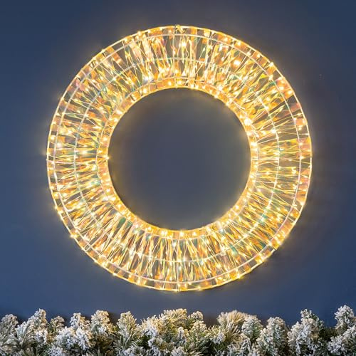 CHRISTOW Iridescent Light Up Christmas Wreath, 50cm, Warm White Micro LEDs | Iridescent Glow Effect, 380 Micro LEDs, Mains Powered with 5m Cable, Front Door Decoration, Indoor & Sheltered Outdoor Use