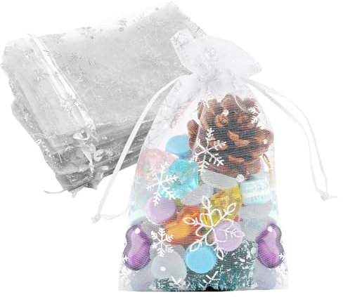 10x15 cm Organzasäckchen Weihnachten, Weiß Schneeflocke Organzabeutel mit Kordelzug, 50 Stück Kleine Organza Säckchen für Geschenk Weihnachten Deko, Bonbons Geschenk Schmuckbeutel