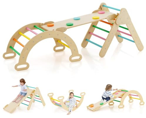 FANTASK 4 in 1 Klettergerüst mit rutsche, Kletterdreieck Holz inkl. doppelseitige Rampe & Kletterboge & Wippen, Sprossendreieck Spielplatz für Kinder ab 1 Jahr, Natur