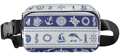 Bauchtasche mit großem Fassungsvermögen, mit verstellbarem Riemen, modische Umhängetasche, Diebstahlschutz, Bauchtasche mit maritimen Meer-Symbolen, Blau und Weiß, für Damen, Herren, Teenager, für