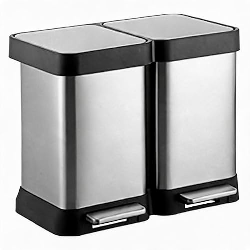 OPULENTHOME Cubo de basura con 2 compartimentos, 2 cubos de basura de 20 l, acero inoxidable, pedal y tapa de cierre suave, sistema de separación de residuos sin cubo interior, color plateado