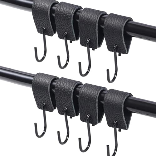 SNONESIY 8 Stück S-Haken Schwarz mit Lederschlaufe 10.5cm Haken für Kleiderstange S Haken Multifunktional Metall Haken für Garderobe Haken Kleiderstange Geeignet für Garderobe, Küche, Badezimmer