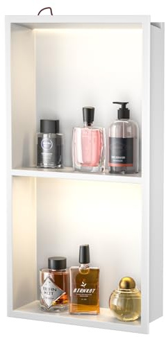 Bernkot Wall Recess Shower Stainless Steel with LED, Flush-Mounted Shower Shelf, Two-Layer Wall Niche Bathroom Niche Shower Enclosure 60 cm x 30 cm, No Tiles Required, White