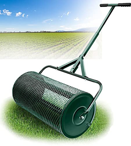 Esparcidor de abono, esparcidor de turba, esparcidores de césped y jardín, esparcidor de empuje/remolque con rodillo de malla resistente de 24 pulgadas, esparcidor de abono, turba, tierra vegetal,