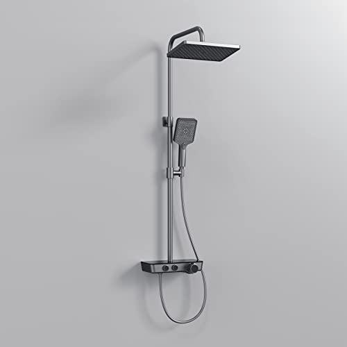 EMKE Duschset mit Thermostat, 300 mm Regendusche Set, Anthrazit Matt | 2 Strahlarten, Handbrause mit 3 Strahlstärken, 300 mm glasablage, höhenverstellbare Duschstange, Duschsäule für Badezimmer