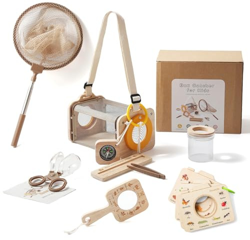 WOODEN TEETHER 9-delat massivt träundersökningsset för barn, utomhusleksak med insektsfångare, förstoringsglas för barn, kompass, muggförstoringsglas, camping, naturutforskning, present till pojkar