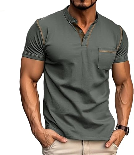 Mens Henley T-Shirts Cotton Short Sleeve Shirts Casual Summer Shirt Tops Grey T Shirt Men M
