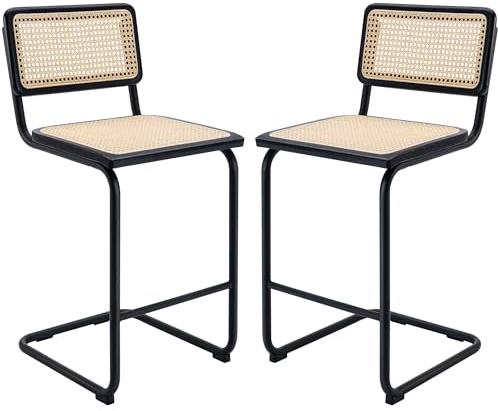 Flouki Counter Stool Rattan Set of 2, Rattan Counter Height Stools with Wood Back, 24 Inch Modern Bar Stools, Mid Century Cantilever Counter Chairs for Kitchen Island, Black Metallic Legs