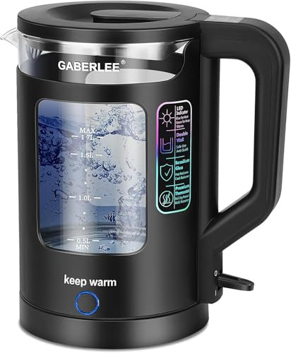 GABERLEE Electric Kettle, 1.7L, 3000W Fast Boil Quiet Glass Kettle with Keep Warm Function, Blue LED, Auto Shut-Off and Boil-Dry Protection, Mesh Filter, BPA-Free, Black