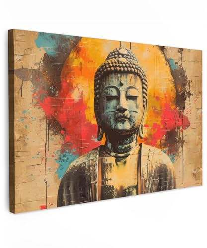 MuchoWow© Leinwandbild Groß XXL Dekoration Wohnzimmer Bilder Pictures Wall | 120x80 cm - Decoration Living Room Wohnungs Deko Moderne Bild Buddha - Graffiti - Straßenkunst