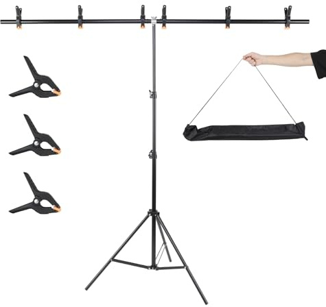 UTEBIT Support Toile de Fond Photo T-Forme 200 x 150cm Support de Fond Trépied Réglable avec 3 Pinces à Ressort de Transport pour Studio Vidéo, Fête, Photographie, Portrait