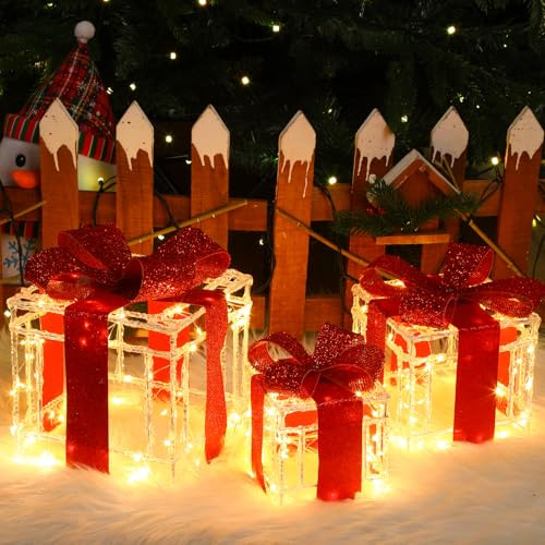Quntis 3-delat set med LED-julklapp, 215 varmvita LED-belysta lådor, juldekorationer för inomhusbruk, batteridrivna, ljusdekorationspresentpaket för julgran, fönsterbräda, trädgård, öppen spis, trappa