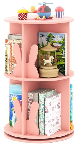COSTWAY drehrbares Bücherregal Kinder, Kinderregal mit 2 Ebenen & Hasen-Trennwänden, 360 Grad, Kinderbücherregal freistehend, Spielzeugregal für Kinderzimmer, Spielzimmer, 40 x 40 x 65cm (Rosa)