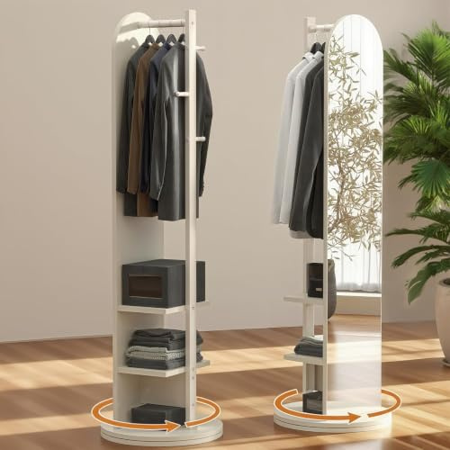 WUDLEP 360° drehbarer Ganzkörperspiegel, 2-in-1 platzsparender Ganzkörperspiegel mit Garderobe, freistehender Bodenspiegel mit Ablagen und Haken, für Eingangsbereich, Schlafzimmer, Weiß