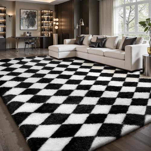 Sour Lemon Tapis à poils longs à carreaux pour salon, antidérapant, lavable, extra large, doux, pour chambre à coucher, chambre d'enfant, noir et blanc