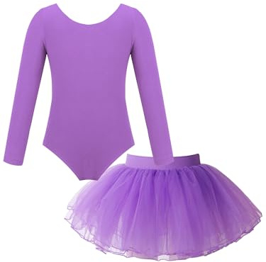 Lejafay Vestito da Danza Classica per Bambina Body Ginnastica A Maniche Lunghe con Gonna tutù Balletto Vestito da Pattinaggio Artistico Costume Ballerina Anni Lavanda 5-6 Anni