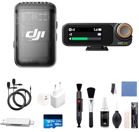 DJI Mic 2 (1 Sender + 1 Empfänger), kabelloses Mikrofon mit intelligenter Rauschunterdrückung, interne 32-Bit-Float-Aufnahme, optimierter Sound (Ladestecker+SD Card+Reinigungsset+2x 3,5mm kabel)