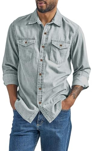 Camisa vaquera de manga larga con botones para hombre, bolsillos integrados, ajuste clásico, estilo vaquero occidental vintage, camiseta de trabajo duradera para actividades resistentes, gris, 3XL