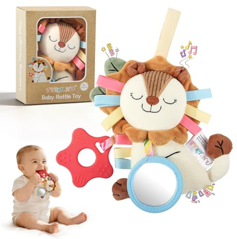 TYRY.HU Sensorial para Bebés,León Sonajero de Peluche, Mordedor Estrella, Chirriador y Espejo,Regalo para Recién Nacidos 0 3 6 12 Meses