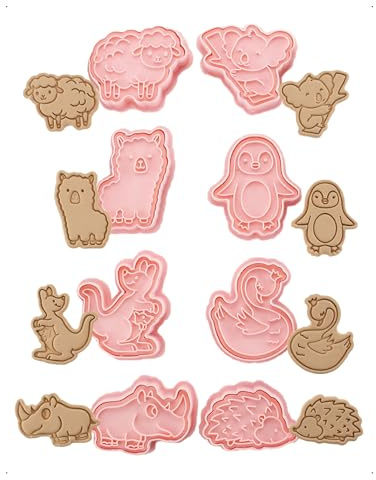 KONFEN Set di 8 formine 3D Animali della giungla Plastica Biscotti, formine per fondente di compleanno Pasticceria Dessert, Pecora Koala Lama Pinguino Canguro Cigno Rinoceronte Riccio