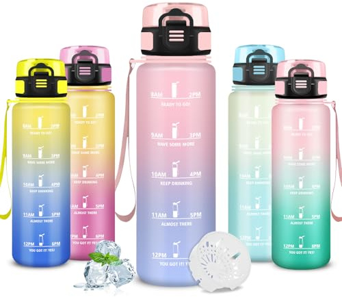 Mujigaga Wasserflasche, Trinkflasche 1l, Auslaufsicher, Trinkflasche Kohlensäure Geeignet, Wasserflasche mit Motivierendem Slogan, Water Bottle für Schule, Klettern, Yoga, Wandern, Camping, Triathlon