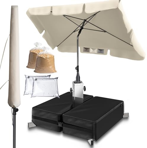 Menz 3-IN-1 Sonnenschirm Balkon Set mit Ständer, 200 × 125 cm, Beige | Sonnenschirm rechteckig + Sonnenschirmständer + Schirmhülle - Sonnenschirm Balkon, Balkonschirm, knickbar höhenverstellbar