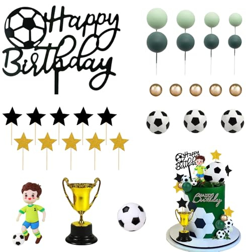 30PCS Football Cake Decorations, Soccer Theme Cake Toppers Set | Football Birthday Decorations with Player Trophy for Boys Kids Party Supplies
