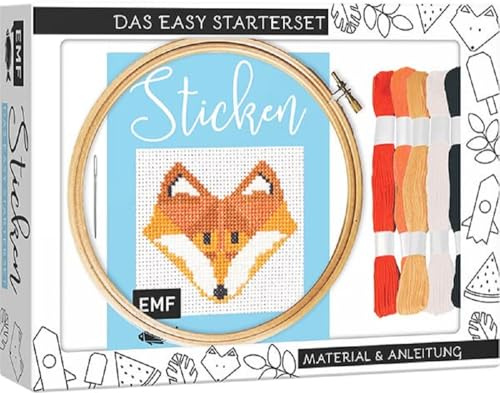Sticken - das Easy Starterset für dekorative Kreuzstichmotive: DIY-Box mit Anleitung und 20 Vorlagen, hochwertigem Bambus-Stickrahmen (12,5 cm), Aida-Stoff, Sticknadel und Garn in 5 Farben