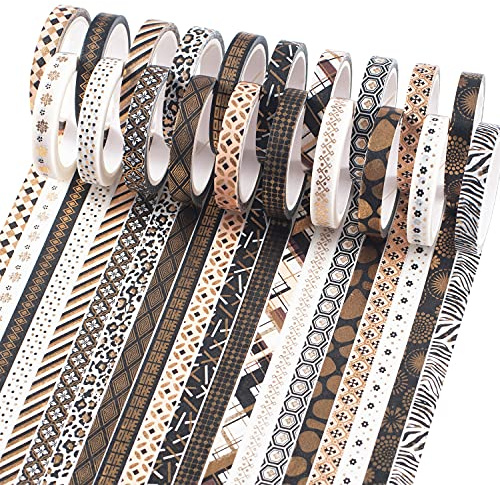 YUBX 20 Rollen Gold Washi Tape Set VSCO Folie Dekoratives Masking Tape Klebeband Bunt für DIY Handwerk Bullet Journals Planer Scrapbooking Verpackung 7MM Breit (Slim Black Gold 20)