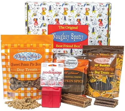Dog Gift Treat Box | Red Gift-Shaped Treat Dispenser | Dog Birthday Gift | USA-Made Dog Treats & Chews | Small and Extra Small Dog Size | Peanut Butter Blueberry, Duck & Pumpkin Flavors.