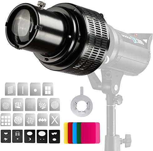 Soonpho Snoot Optique Conique avec Support Bowens pour Photographie, Alliage d'aluminium GOBO Projecteur Bowens avec 5 filtres de Couleur 10 Gobos pour Monolight LED Lumière Spotlight Flash de Studio