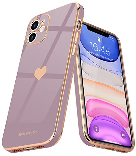 Teageo Fodral för iPhone 11 sött hjärtmönster för kvinnor flickor smal lyxig blingplätering mjuk TPU anti-repor stötsäker stötfångare telefonfodral för iPhone 11, lavendel