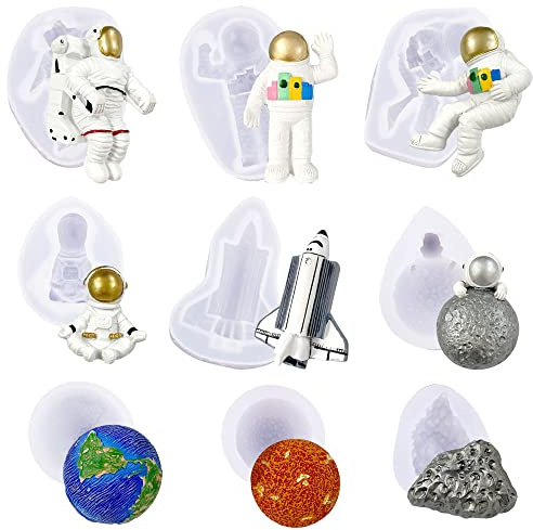 Woohome 9 Stück Silikon Fondant Formen Astronautin Raumschiff Silikon Backform Silikonformen Fondant Formen für Baby Dusche Cupcake, Kuchendekoration Praline
