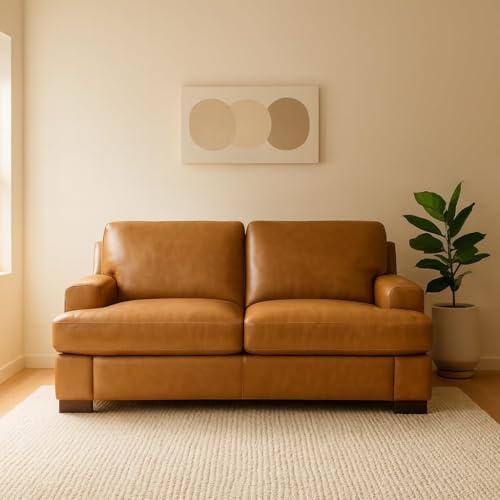 Naomi Home Siggy Mid-Century Modern Genuine Leather Loveseat - Goose Feather Cushion Comfort - Spacious 70.87 Wide 2-Seater Couch - Thick Soft Tan Brown Leather - - No Tools Assembly Sofa