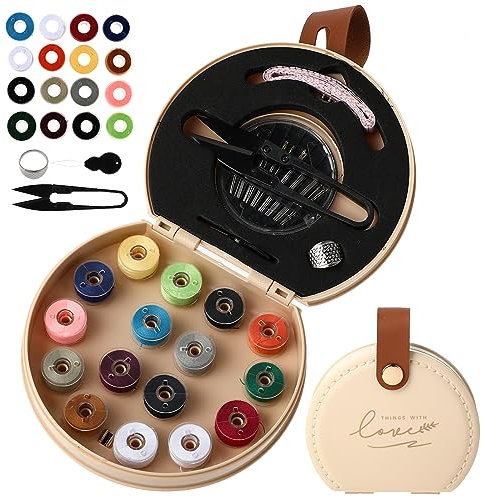Amaxiu Mini kits de couture de voyage, kit de réparation de luxe portable avec étui pliable en cuir Oraganizer Fournitures de couture avec fil, ciseaux, aiguille, boutons épingles (abricot)