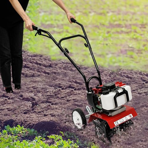 52CC Garden Petrol Tiller, 2 Stroke Lawn Soil Cultivator Rotovator w/Air-Cooled Single-Cylinder, Gasoline Engine for Farm, Park, Garden, Courtyard, Field