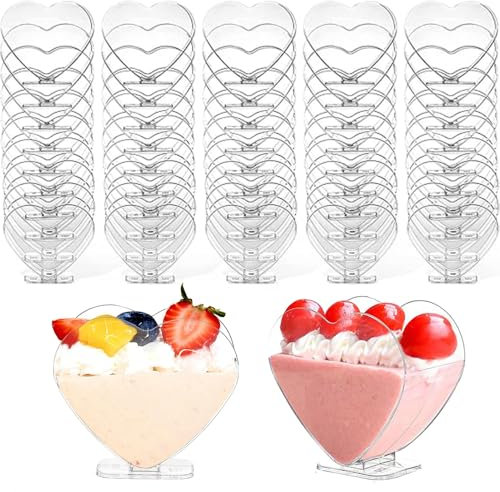 Roysmart 50 Stück Kunststoff Dessert Becher, 80ml Herzförmige Dessertbecher, Transparenter Parfait Vorspeisen Becher, Wiederverwendbare Servierschüssel für Zuhause Desserts Pudding Mousse Eis Party