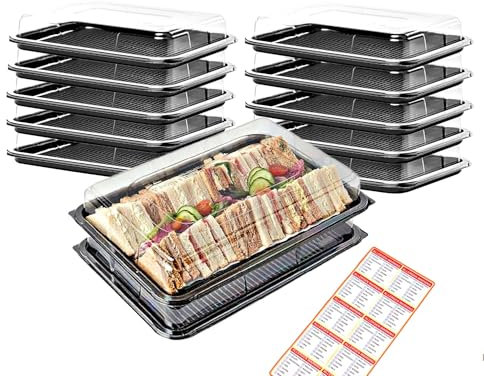 Caterline 12 Large (L450mm x W310mm x D75mm) Black Base Catering Platter Trays with Lids Plus 12 Allergy Labels. Eco-Friendly party platters Recyclable. Great for Sandwiches, Buffets and Events