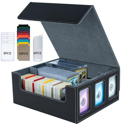 Mcbazel 3-Solt Rows Card Storage Box Holds 1800+ Cards Deck Box with Display Windows, 3 x 35PT Magnetic Cases, 10 Dividers and 6 Clips for Gaming, MTG and Sport Cards (Black&Grey)