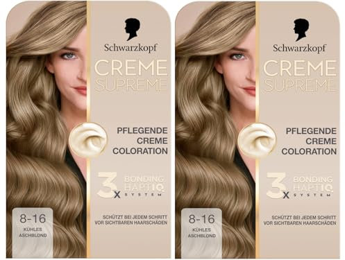 Schwarzkopf Creme Supreme Coloration 8-16 Kühles Aschblond (2x 182 ml), dauerhafte Haarfarbe mit Serum und Haar-Maske schützt vor sichtbaren Haarschäden, für 100% Grauabdeckung