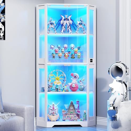 BROTTAR Corner Display Cabinet with Glass Doors, 65 Lighted Curio Display Case with 3 Color Lights for Collectibles, Books, 4-Tier Bookcase with Human Body Sensor, White