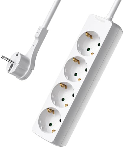 4-vägs grenuttag, platt kontakt, flera uttag, 3 680 W, kontaktlist, 16 A, multikontakt, 4 AC-uttag, avdelaruttag för kontor, 2 m förlängningskabel, vit