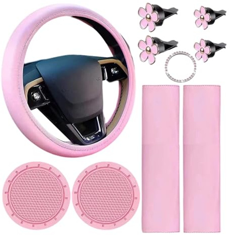 Pinkes Autozubehör-Set mit Leder-Lenkradbezug, Sicherheitsgurtpolster, Getränkehalter, Startknopf-Aufkleber (Pink)
