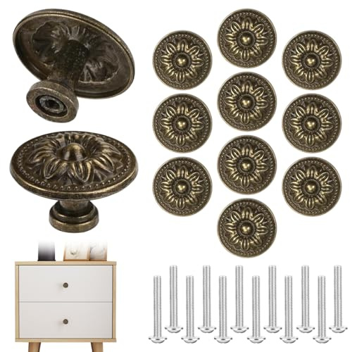 12 stycken skåpknoppar vintage, 30 mm möbelknoppar vintage, retro lådknappar med skruvar blommönster rund brons byråknappar för byrå, lådor, skåp, skoskåp, möbler