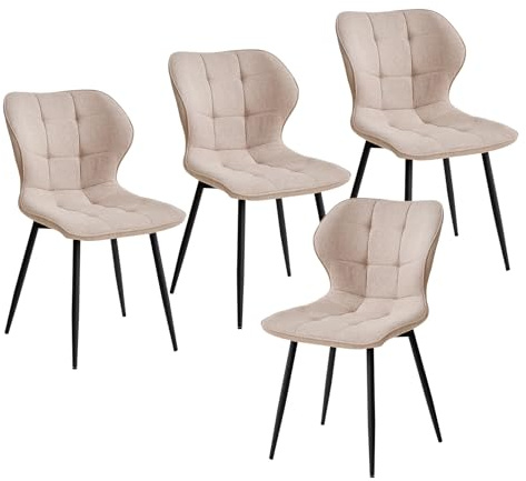 GrandCA HOME Set di 4 Sedie da Pranzo Imbottite in Lino con Schienale e Gambe in Metallo Nero, Sedia da Soggiorno per Cucina, Sala da Pranzo, Camera da Letto - Cachi